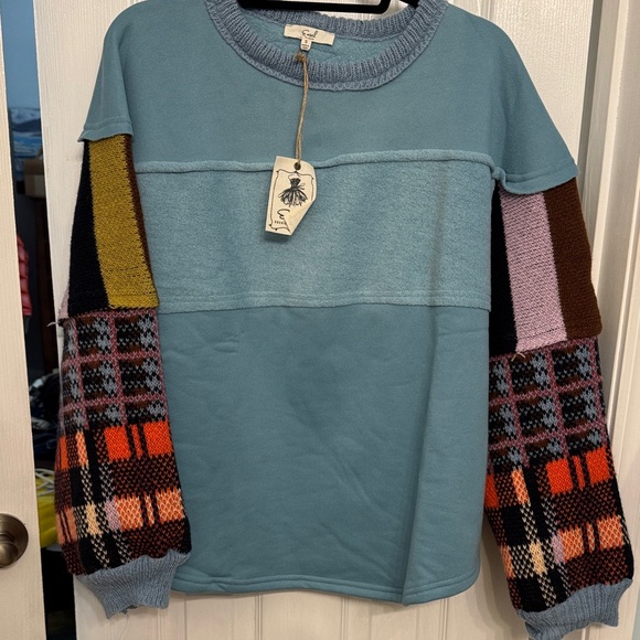 Easel Patchwork Blue OVERSIZED Knit Pullover Sweatshirt Sweater Small NEW - Picture 4 of 9
